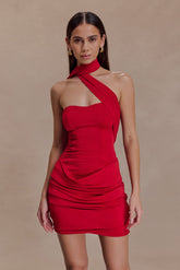 Mattea Slinky And Mesh Mini Dress With Scarf - Red