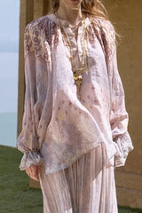 Linen Tie Dye Casual Long Sleeve Blouse